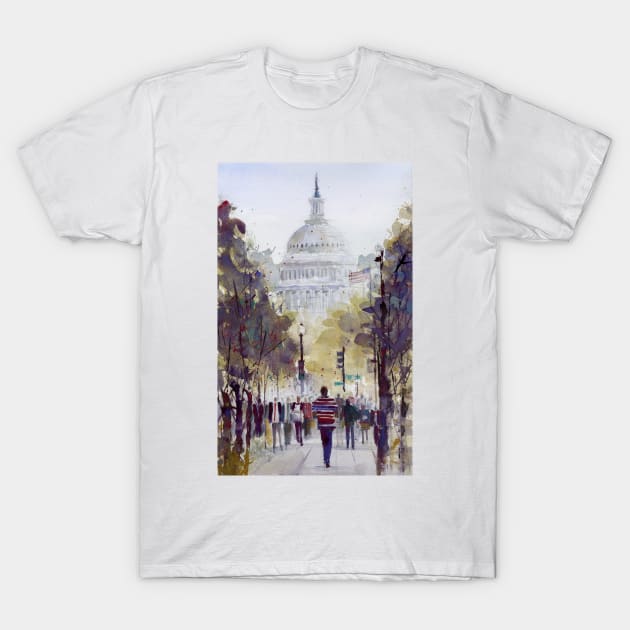USA Capital Washington DC America Watercolor Cityscape Perfect for Office T-Shirt by dfrdesign